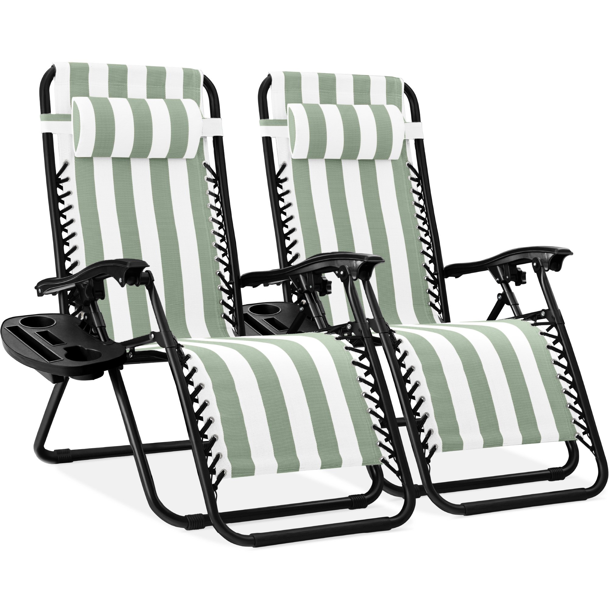 Best Choice Products Set of 2 Zero Gravity Lounge Chair Recliners for Patio, Pool w/ Cup Holder Tray - Sage Striped