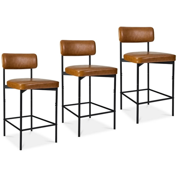 Best Choice Products Set of 3, Armless Counter Height Bar Stools, Modern PU Faux Leather Stools - Camel Brown