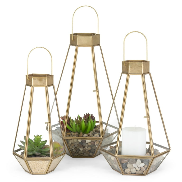 Best Choice Products Set of 3 Indoor Outdoor Decorative Metal Faceted Hurricane Candle Lanterns w/ Clear Glass - Brass Best Choice Products Set of 3 Indoor Outdoor Decorative Metal Faceted Hurricane Candle Lanterns w/ Clear Glass - Brass