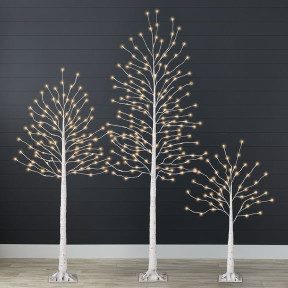 Best Choice Products Set of 3 Lighted Twig Birch Trees, 4ft, 6ft, 8ft w/ 300 LEDs, Warm White, Multicolor Lights - White