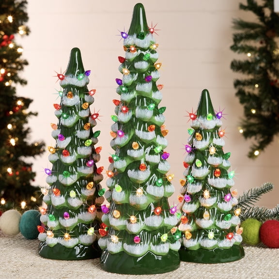 Best Choice Products Set of 3 Pre-Lit Hand-Painted Ceramic Tabletop Christmas Trees w/ Multicolor Bulbs - Frosted Green