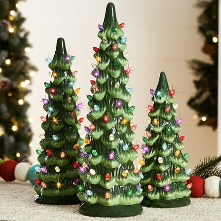 Best Choice Products Set of 3 Pre-Lit Hand-Painted Ceramic Tabletop Christmas Trees w/ Multicolor Lights - Green