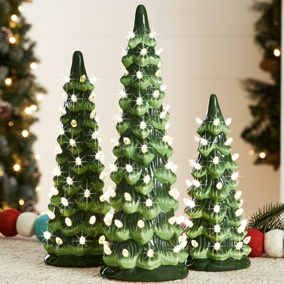 Best Choice Products Set of 3 Pre-Lit Hand-Painted Ceramic Tabletop Christmas Trees w/ Warm White Bulbs - Green
