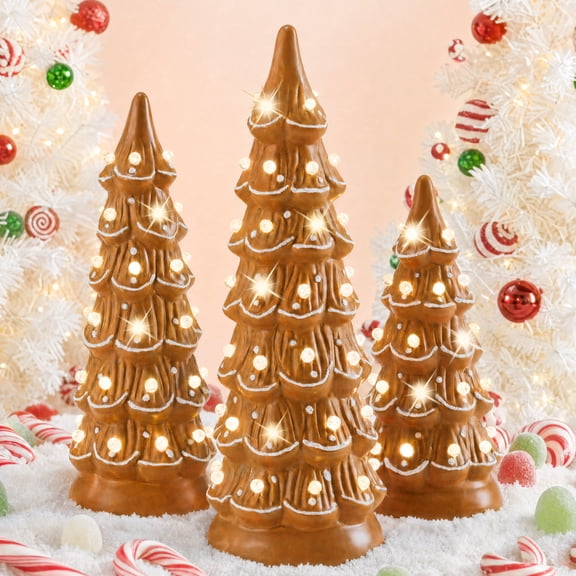 Best Choice Products Set of 3 Pre-Lit Hand-Painted Ceramic Tabletop Christmas Trees w/ White Bulbs - Gingerbread