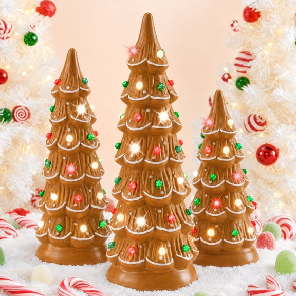 Best Choice Products Set of 3 Pre-Lit Hand-Painted Ceramic Tabletop Christmas Trees w/ White/Red/Grn Bulbs - Gingerbread