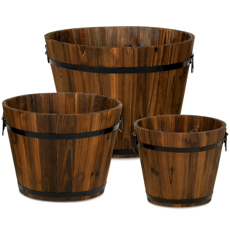 Best Choice Products Set of 3 Rustic Wood Bucket Barrel Flower Garden Planters Set w/ Drainage Holes, Multiple Sizes Best Choice Products Set of 3 Rustic Wood Bucket Barrel Flower Garden Planters Set w/ Drainage Holes, Multiple Sizes