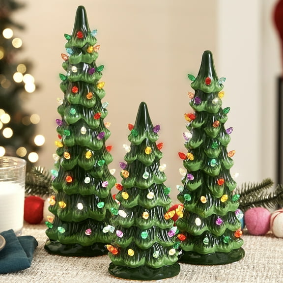 Best Choice Products Set of 3 XL Pre-Lit Hand-Painted Ceramic Tabletop Christmas Trees w/Multi Lights  Green