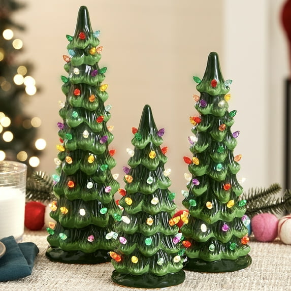 Best Choice Products Set of 3 XL Pre-Lit Hand-Painted Ceramic Tabletop Christmas Trees w/Multi Lights Green