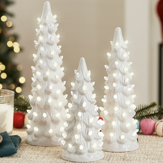 Best Choice Products Set of 3 XL Pre-Lit Hand-Painted Ceramic Tabletop Christmas Trees w/Warm White Lights White