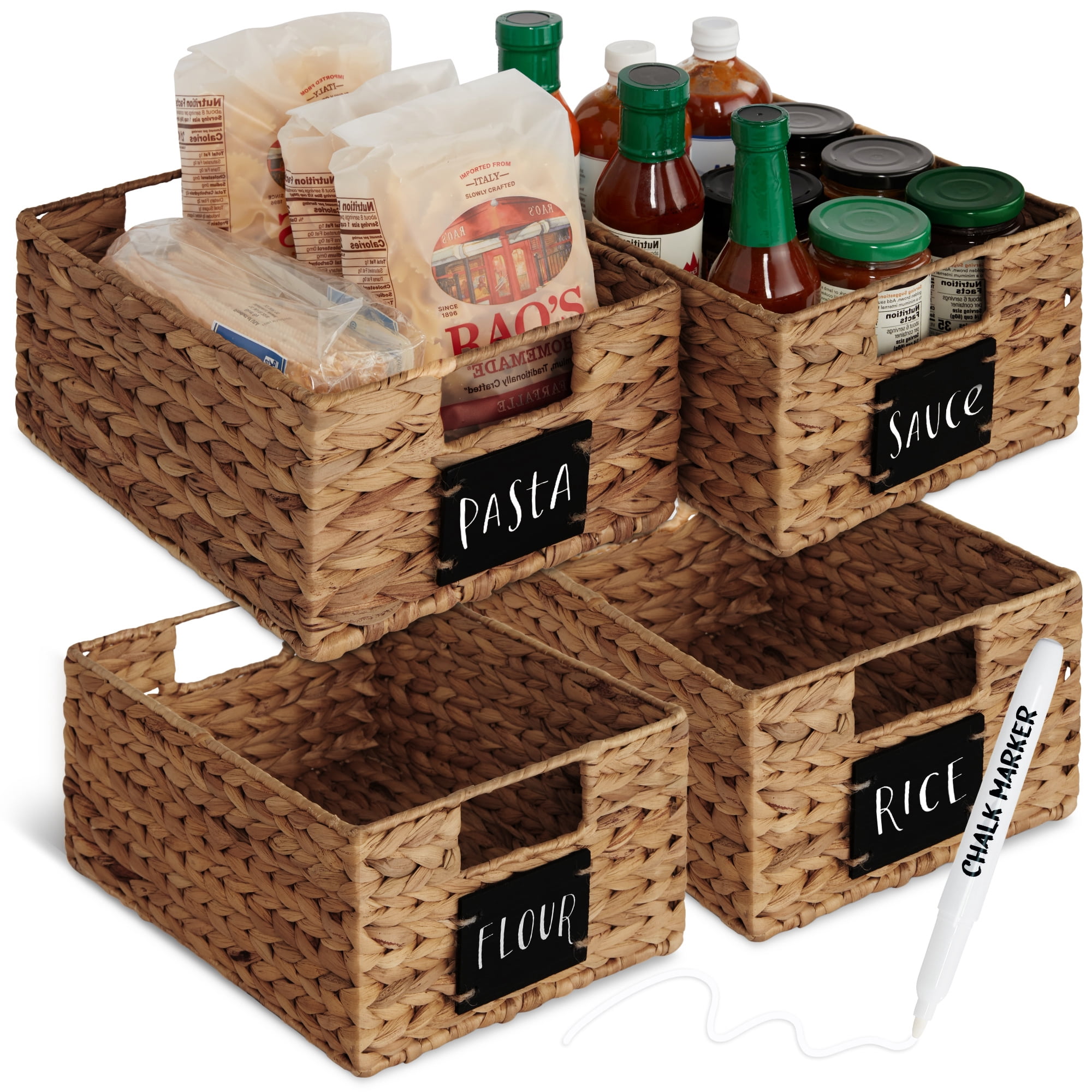 Best Choice Products Set of 4 12in Woven Water Hyacinth Pantry Baskets w/ Chalkboard Label, Chalk Marker - Chestnut