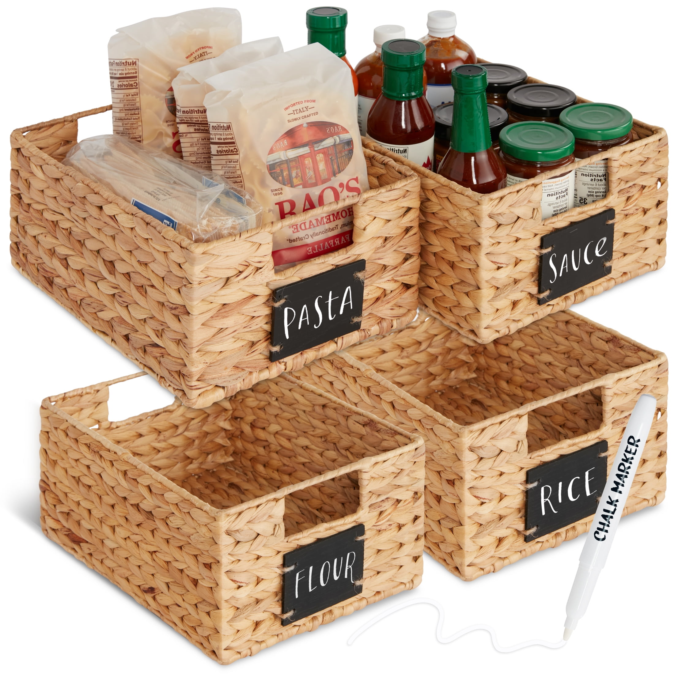 Best Choice Products Set of 4 12in Woven Water Hyacinth Pantry Baskets w/ Chalkboard Label, Chalk Marker - Natural