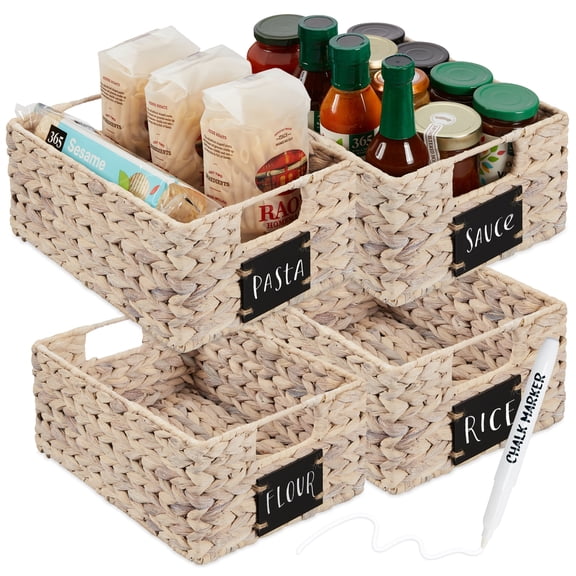 Best Choice Products Set of 4 12in Woven Water Hyacinth Pantry Baskets w/ Chalkboard Label, Chalk Marker - White