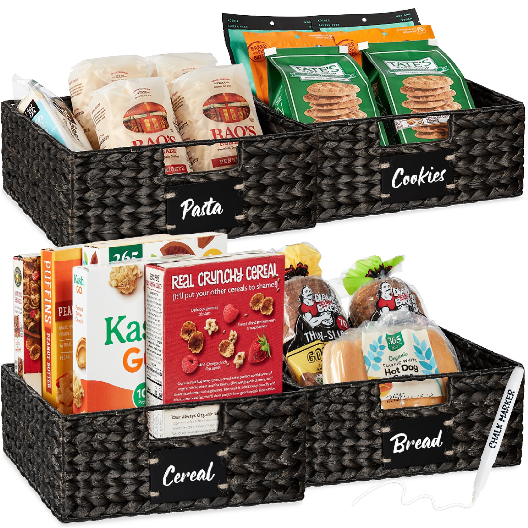 Best Choice Products Set of 4 13in Woven Water Hyacinth Pantry Baskets w/ Chalkboard Label, Chalk Marker - Black