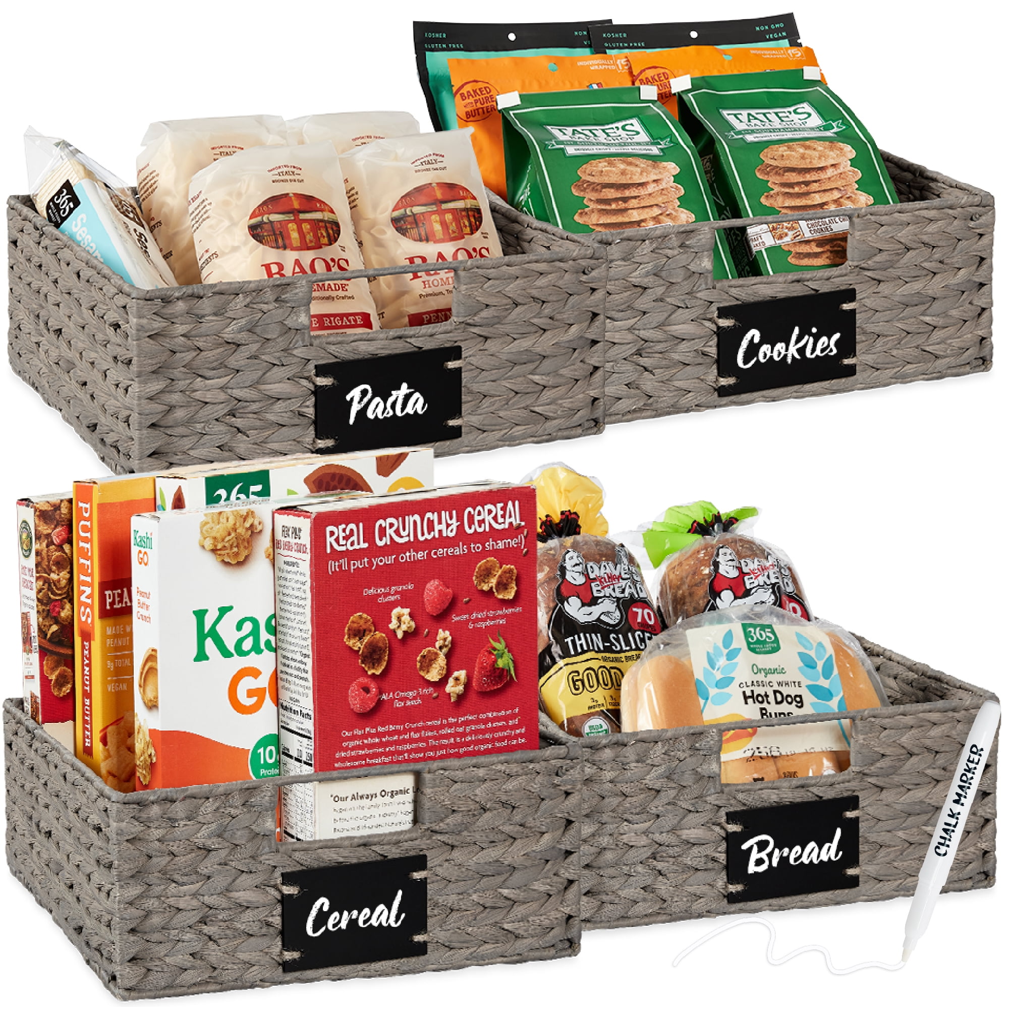 Best Choice Products Set of 4 13in Woven Water Hyacinth Pantry Baskets w/ Chalkboard Label, Chalk Marker - Gray