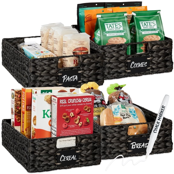 Best Choice Products Set of 4 16x12in Woven Water Hyacinth Pantry Baskets w/ Chalkboard Label, Chalk Marker - Black