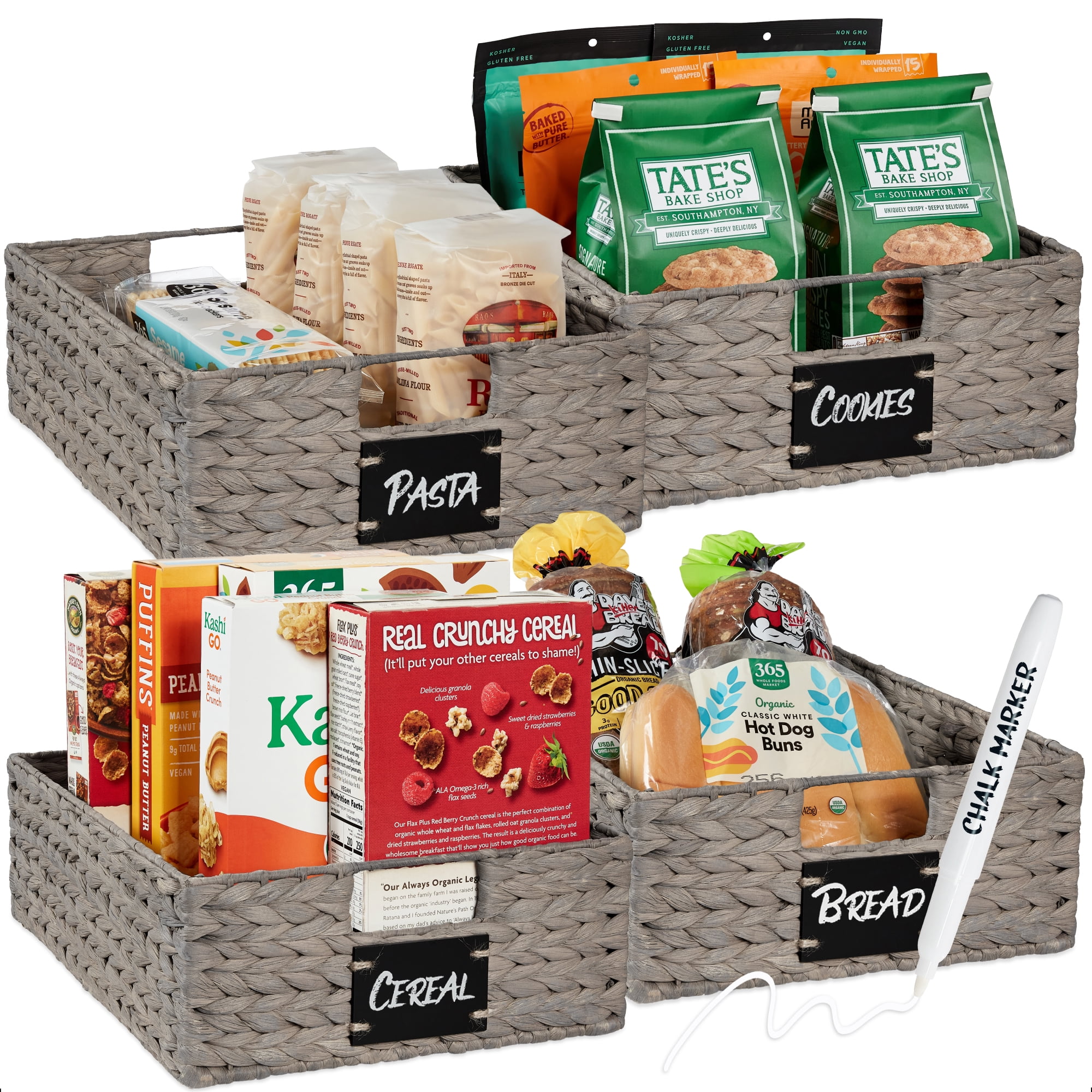 Best Choice Products Set of 4 16x12in Woven Water Hyacinth Pantry Baskets w/ Chalkboard Label, Chalk Marker - Gray