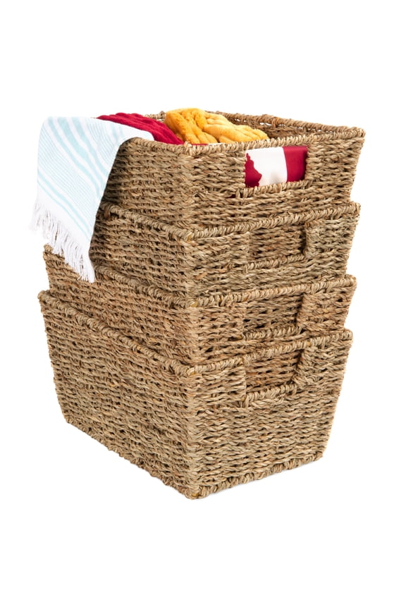 Set of 4 Multipurpose Stackable Seagrass Storage Laundry Organizer Baskets w/ Handles - Natural