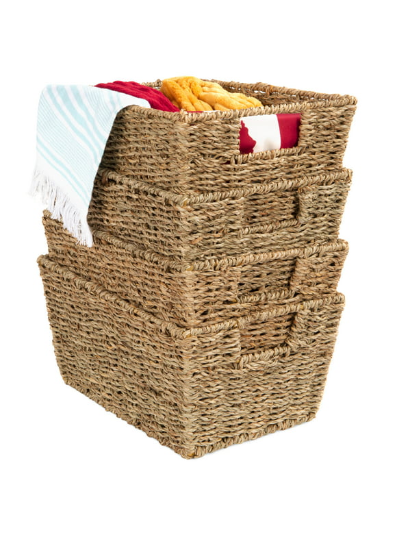 Best Choice Products Set of 4 Multipurpose Stackable Seagrass Storage Laundry Organizer Baskets w/ Handles - Natural