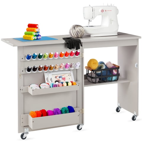 Best Choice Products Sewing Machine Table & Desk w/ Craft Storage and Trays - Gray