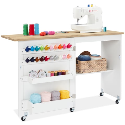 Best Choice Products Sewing Machine Table & Desk w/ Craft Storage and Trays - Natural/White