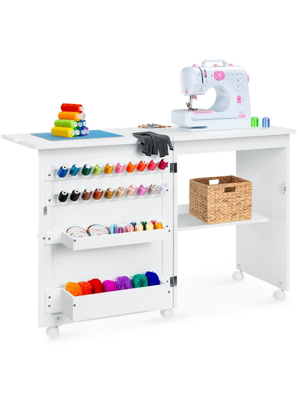 Best Choice Products Sewing Machine Table & Desk w/ Craft Storage and Trays - White