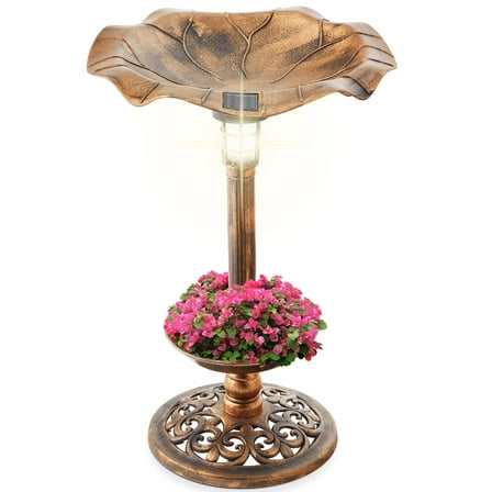 Best Choice Products Solar Lighted Pedestal Bird Bath w/ Planter, Integrated Panel - Bronze