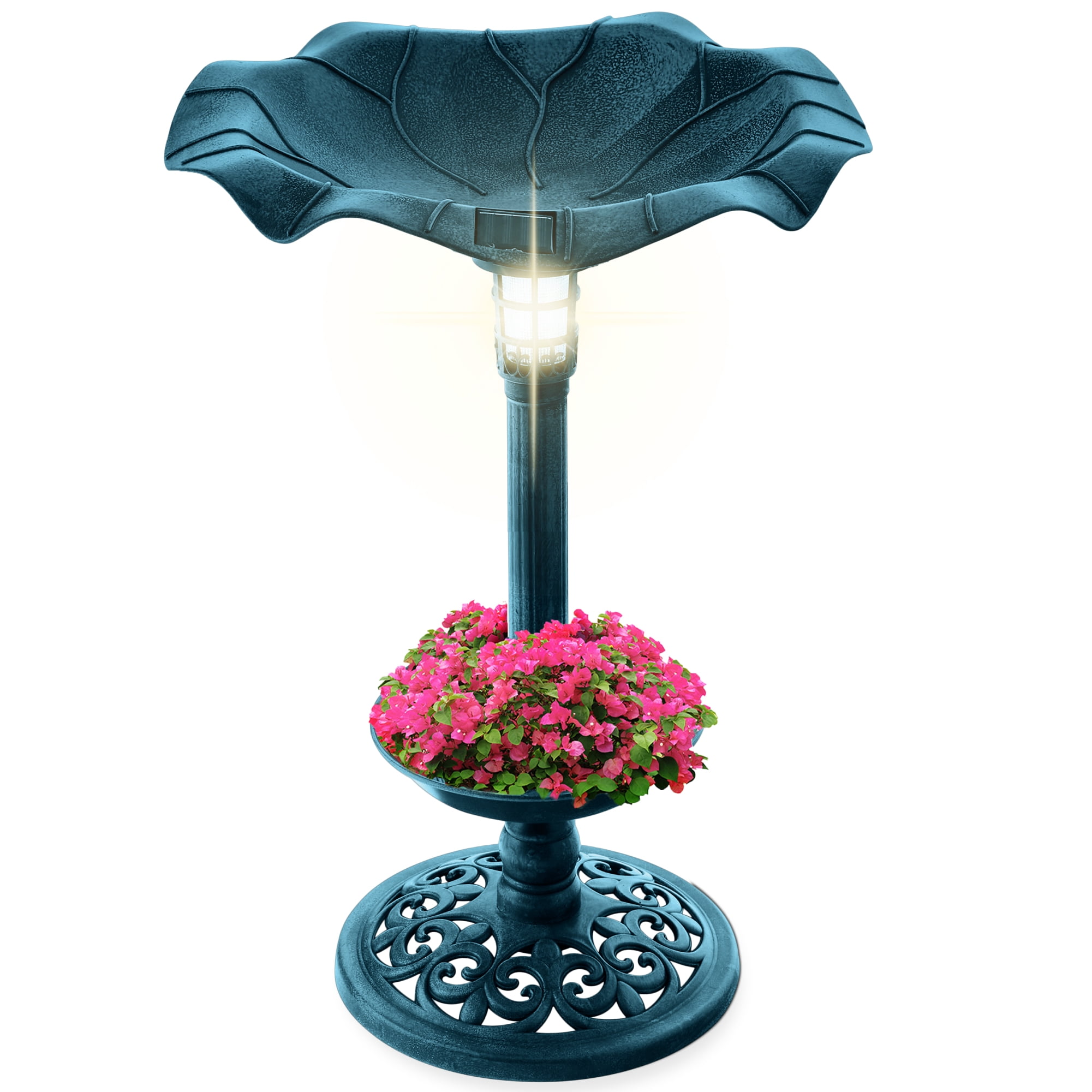 Best Choice Products Solar Lighted Pedestal Bird Bath w/ Planter, Integrated Panel - Peacock Blue