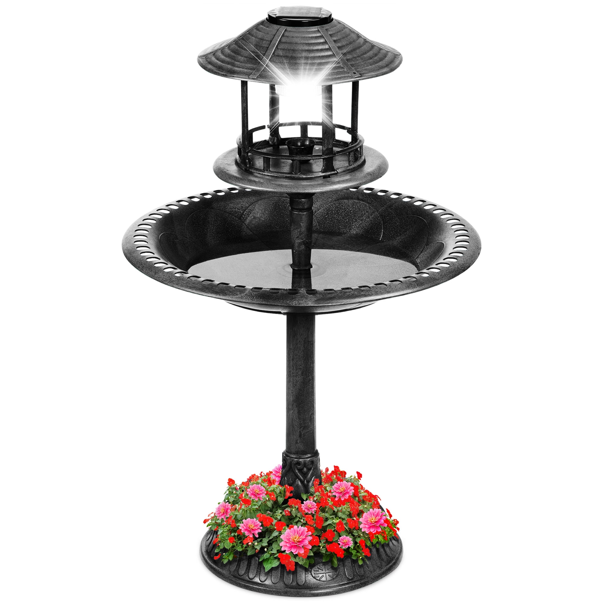 Best Choice Products Solar Outdoor Bird Bath Pedestal Fountain Garden Decoration w/ Fillable Planter Base - Black