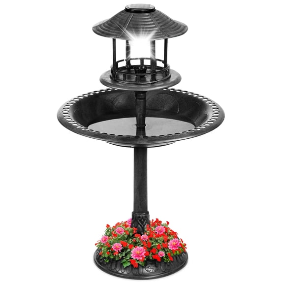 Best Choice Products Solar Outdoor Bird Bath Pedestal Fountain Garden Decoration w/ Fillable Planter Base - Black