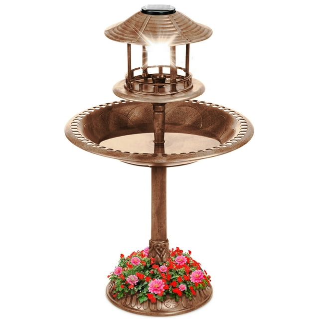Best Choice Products Solar Outdoor Bird Bath Pedestal Fountain Garden Decoration w/ Fillable Planter Base - Bronze