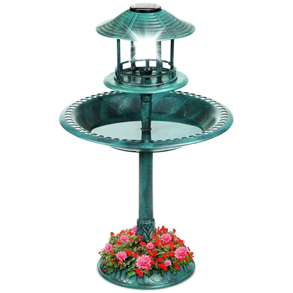 Best Choice Products Solar Outdoor Bird Bath Pedestal Fountain Garden Decoration w/ Fillable Planter Base - Green