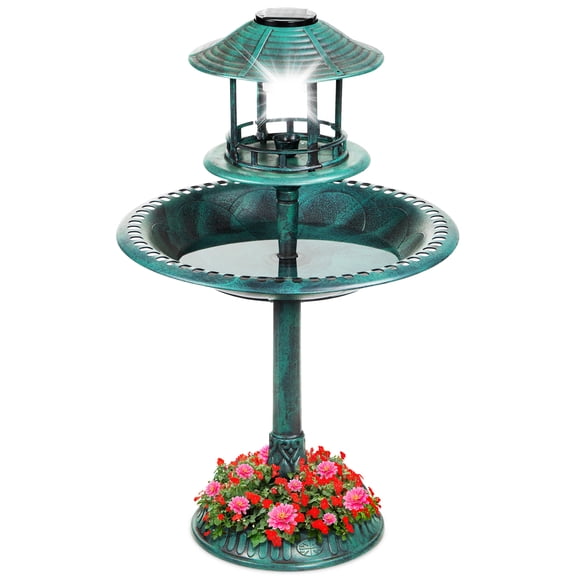 Best Choice Products Solar Outdoor Bird Bath Pedestal Fountain Garden Decoration w/ Fillable Planter Base - Green