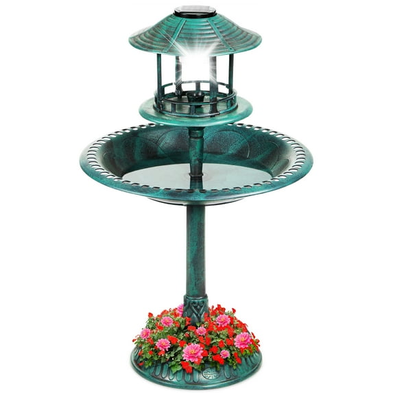 Best Choice Products Solar Outdoor Bird Bath Pedestal Fountain Garden Decoration w/ Fillable Planter Base - Green
