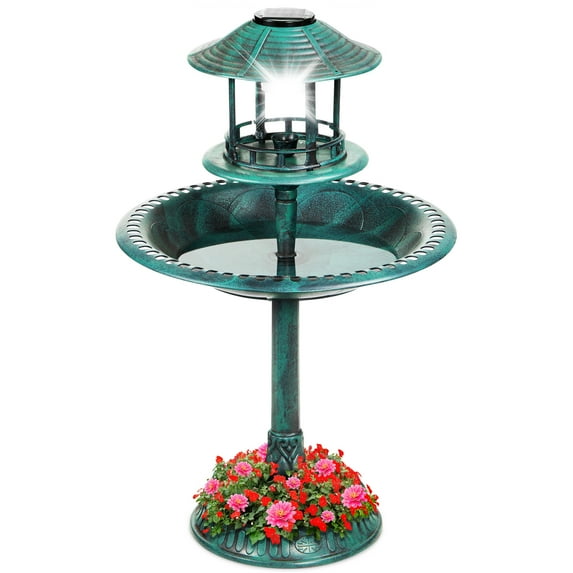 Best Choice Products Solar Outdoor Bird Bath Pedestal Fountain Garden Decoration w/ Fillable Planter Base - Green