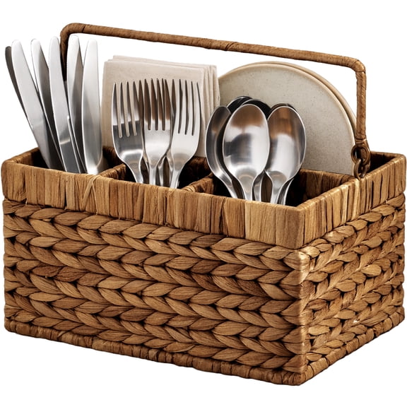 Best Choice Products Handwoven Silverware Organizer w/ Handle, 4 Compartment Flatware Organizer- Chestnut