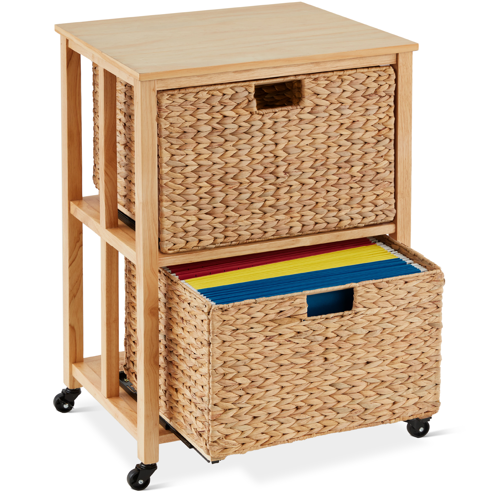 Best Choice Products Vertical Rolling File Cabinet for Home, Office w/ Rubberwood Frame, Locking Caster Wheels - Natural