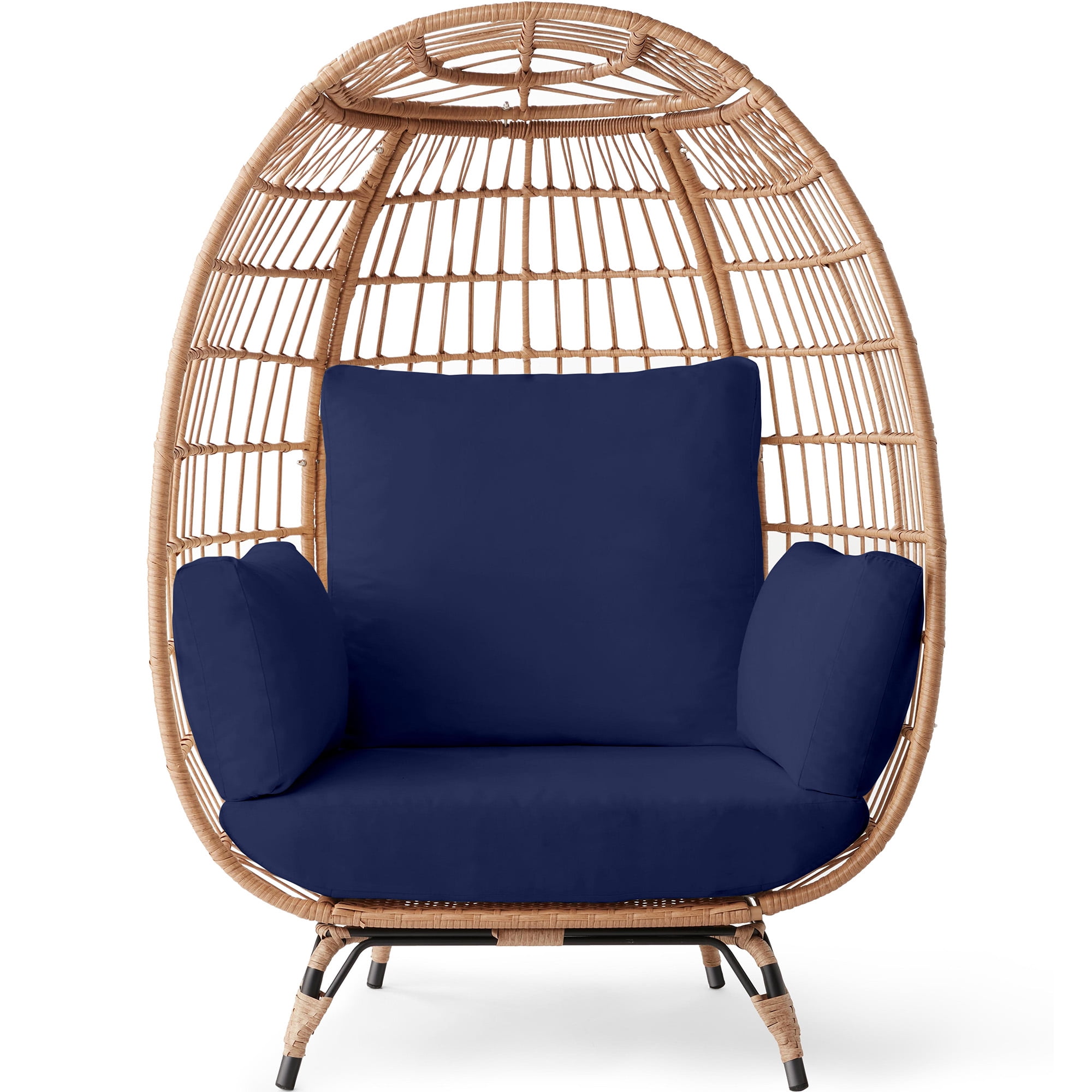 Beige Wicker Egg Chair with Navy Cushions