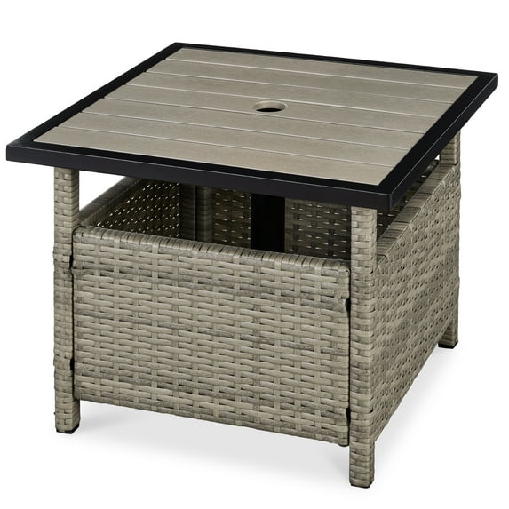 Best Choice Products Wicker Rattan Patio Side Table Outdoor Furniture for Garden, Pool, Deck w/ Umbrella Hole - Taupe