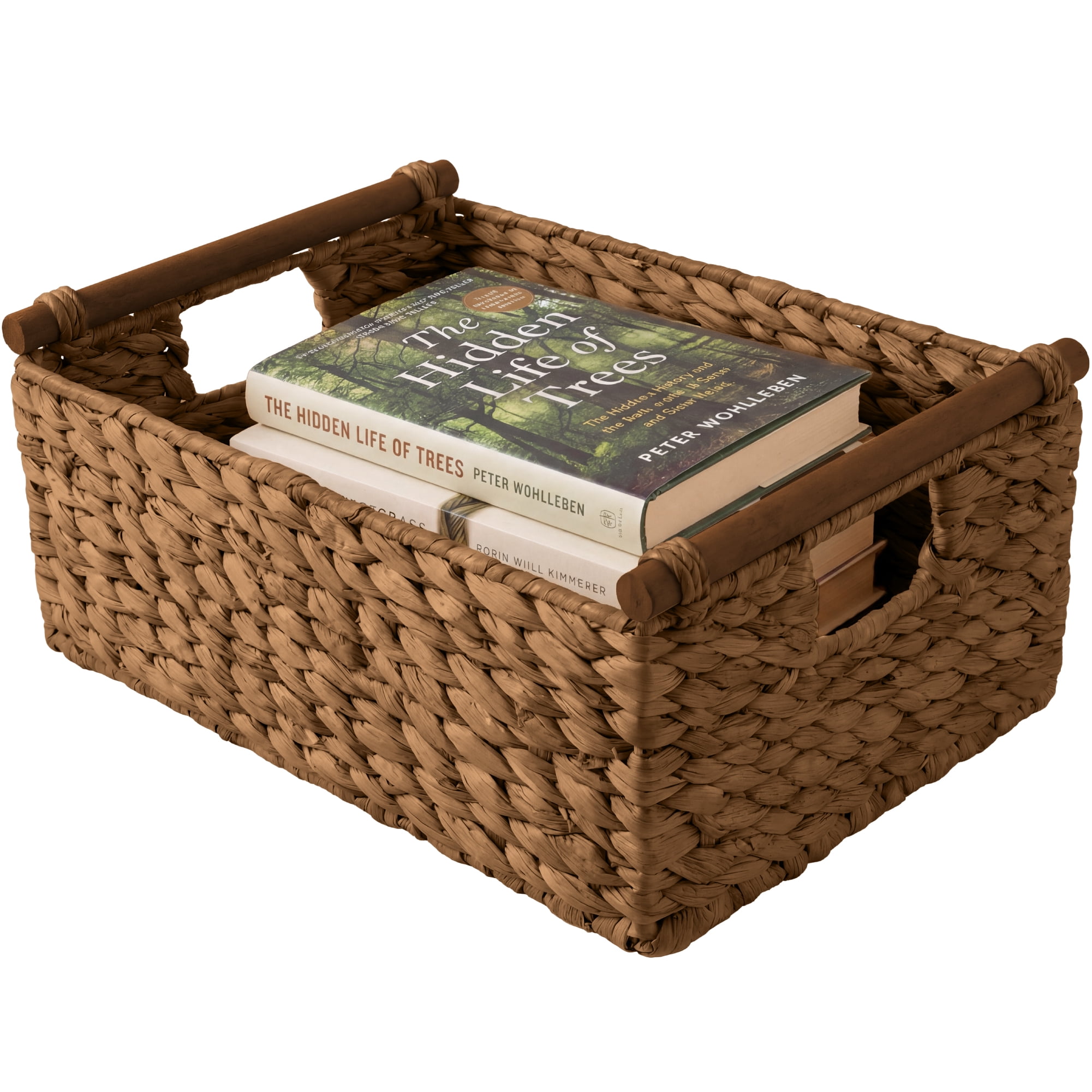 Best Choice Products Wicker Storage Basket, Shelf Basket w/ Wooden Handles, Rectangular Storage Bin - Chestnut