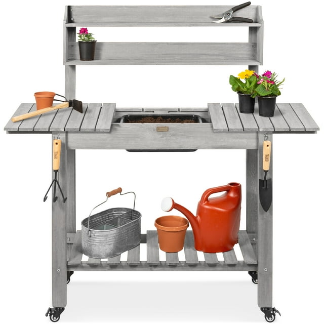 Best Choice Products Wood Garden Potting Bench Workstation Table w/ Sliding Tabletop, 4 Locking Wheels, Dry Sink - Gray