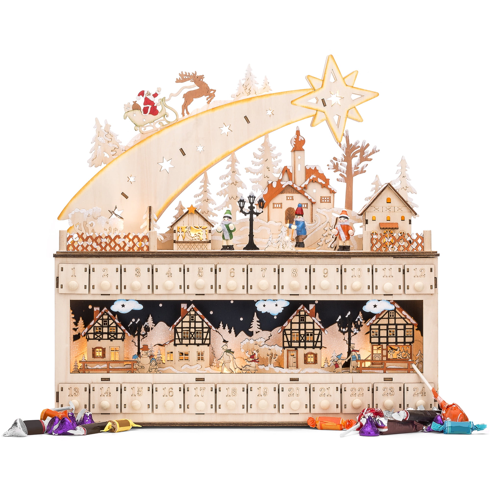 Wooden Christmas Advent Calendar with LED Lights and Shooting Star