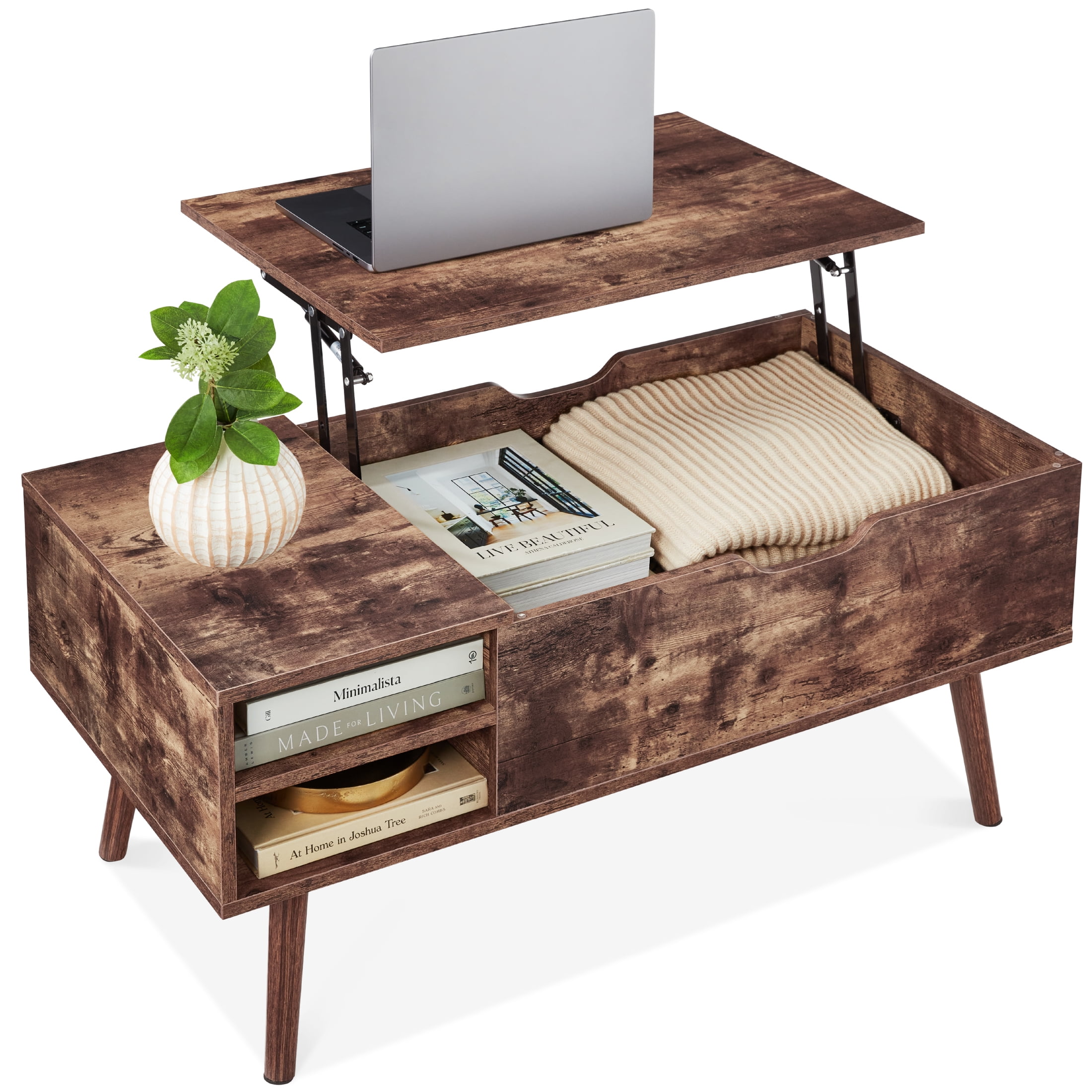 Brown Mid-Century Modern Lift-Top Coffee Table with Storage