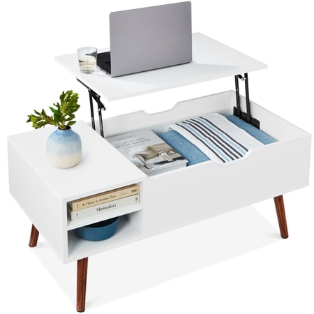Best Choice Products Wooden Mid-Century Modern Lift Top Coffee Table w/ Hidden Storage, Removable Shelf - White/Brown
