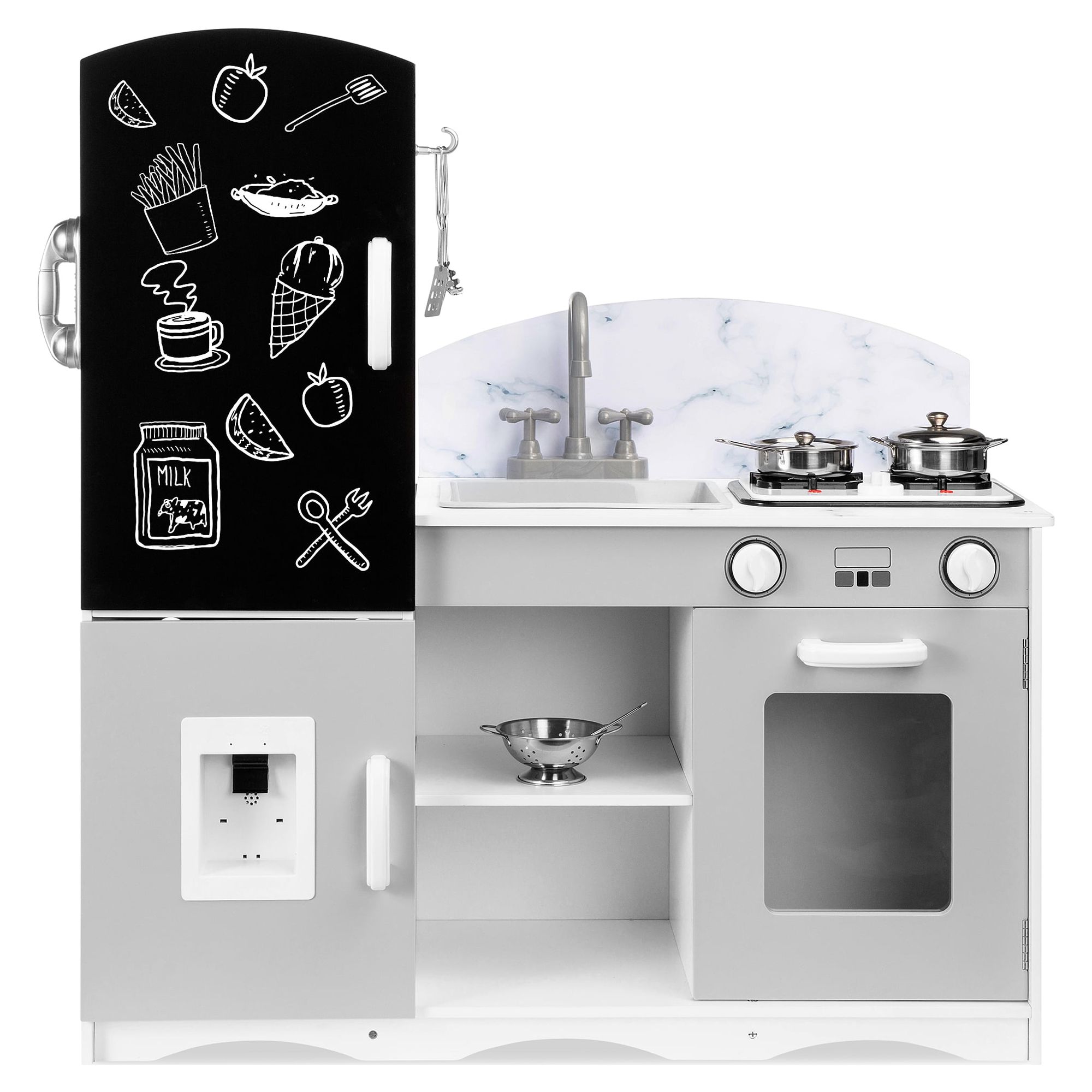 Best Choice Products Wooden Pretend Play Kitchen Toy Set for Kids w/ Chalkboard, Marble Backdrop, 7 Accessories - Gray - image 1 of 8