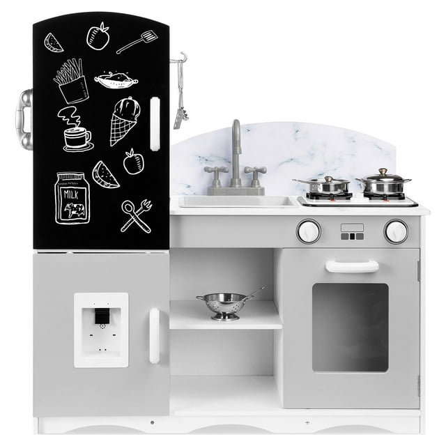 Best Choice Products Wooden Pretend Play Kitchen Toy Set for Kids w/ Chalkboard, Marble Backdrop, 7 Accessories - Gray