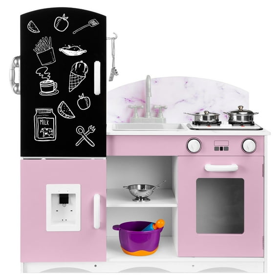 Best Choice Products Wooden Pretend Play Kitchen Toy Set for Kids w/ Chalkboard, Marble Backdrop, 7 Accessories - Pink