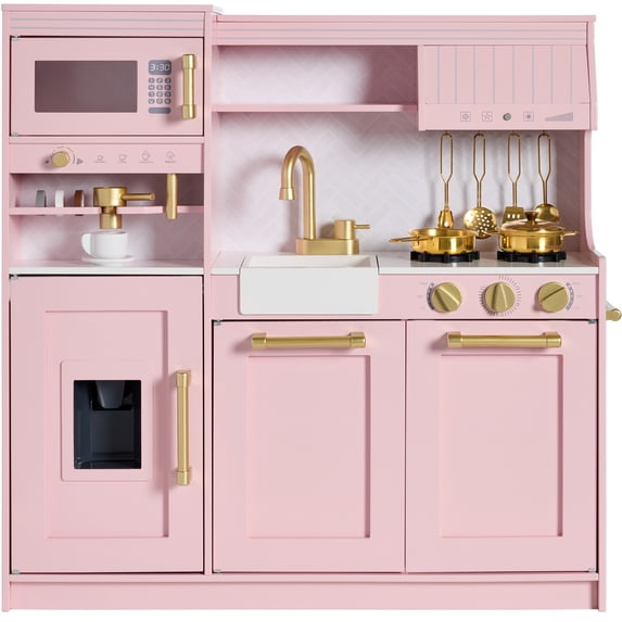 Best Choice Products Wooden Toddler Kitchen Playset with Espresso Machine, Toy Storage and 17 Accessories - Pink