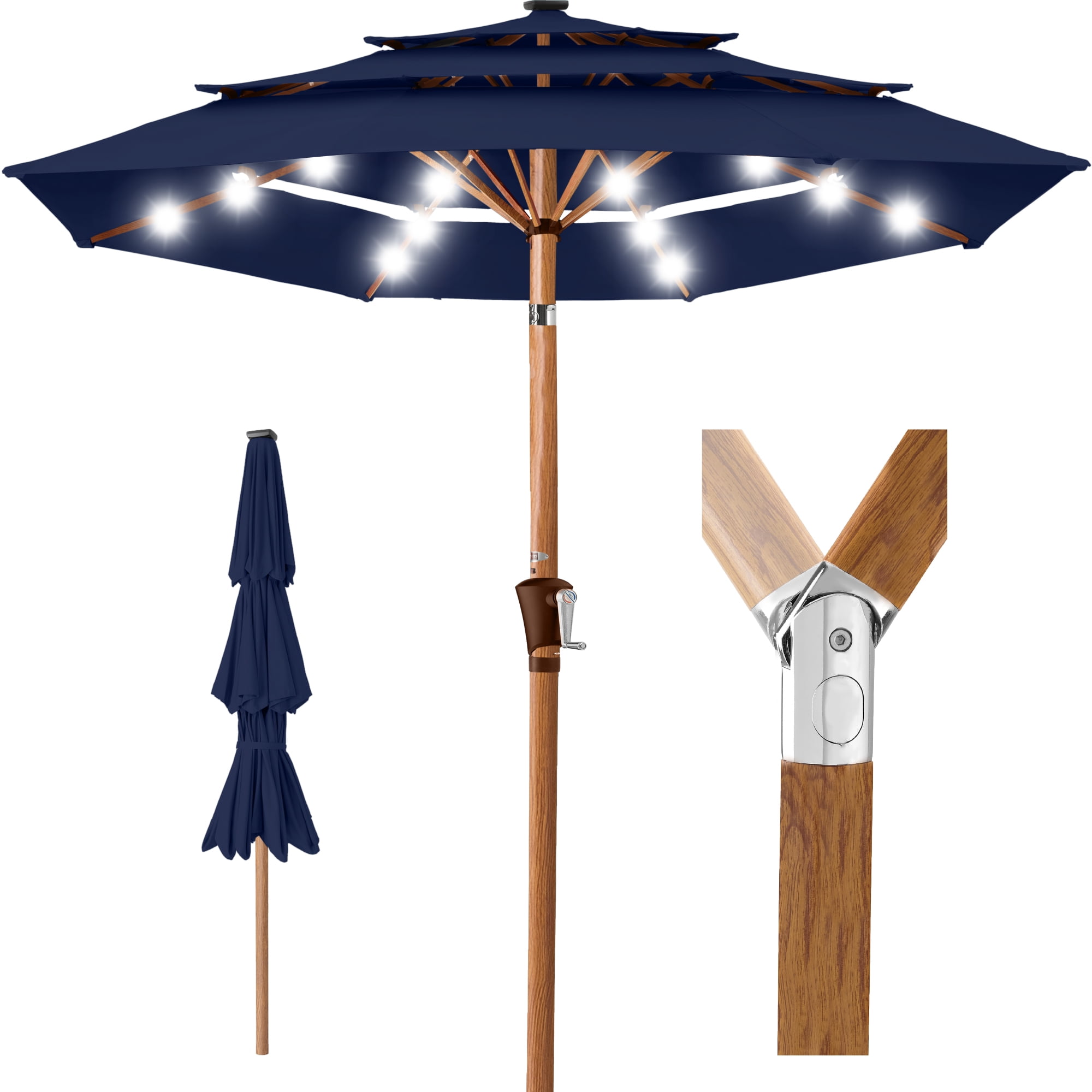 Best Choice Products Woodgrain Pattern 10ft 3-Tier Solar Patio Umbrella w/ 24 LED Lights, Tilt - Navy Blue