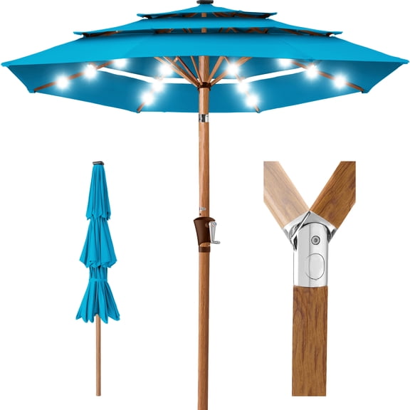 Best Choice Products Woodgrain Pattern 10ft 3-Tier Solar Patio Umbrella w/ 24 LED Lights, Tilt - Sky Blue