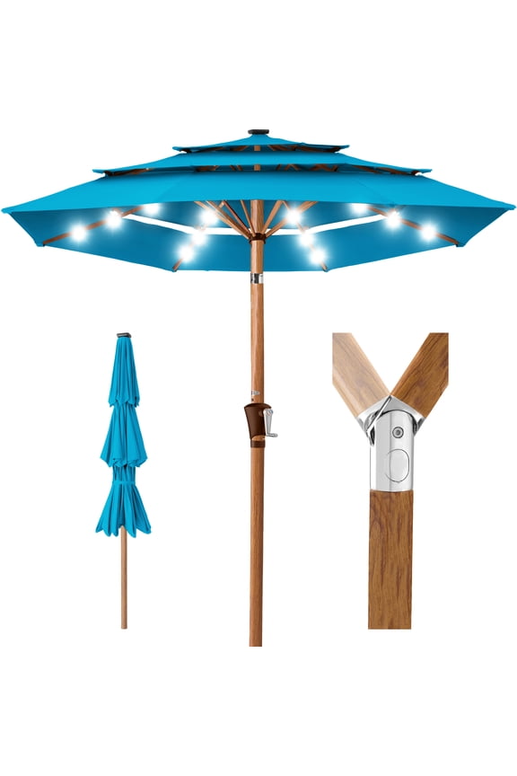 Woodgrain Pattern 10ft 3-Tier Solar Patio Umbrella w/ 24 LED Lights, Tilt - Sky Blue